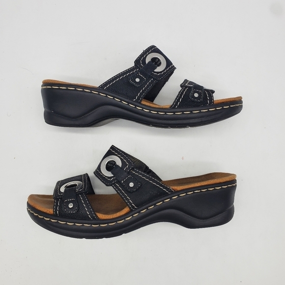 Clarks Shoes Women 7.5 W Sandal Lexi Willow Black 60391 Leather Bendables Slides - Picture 7 of 10